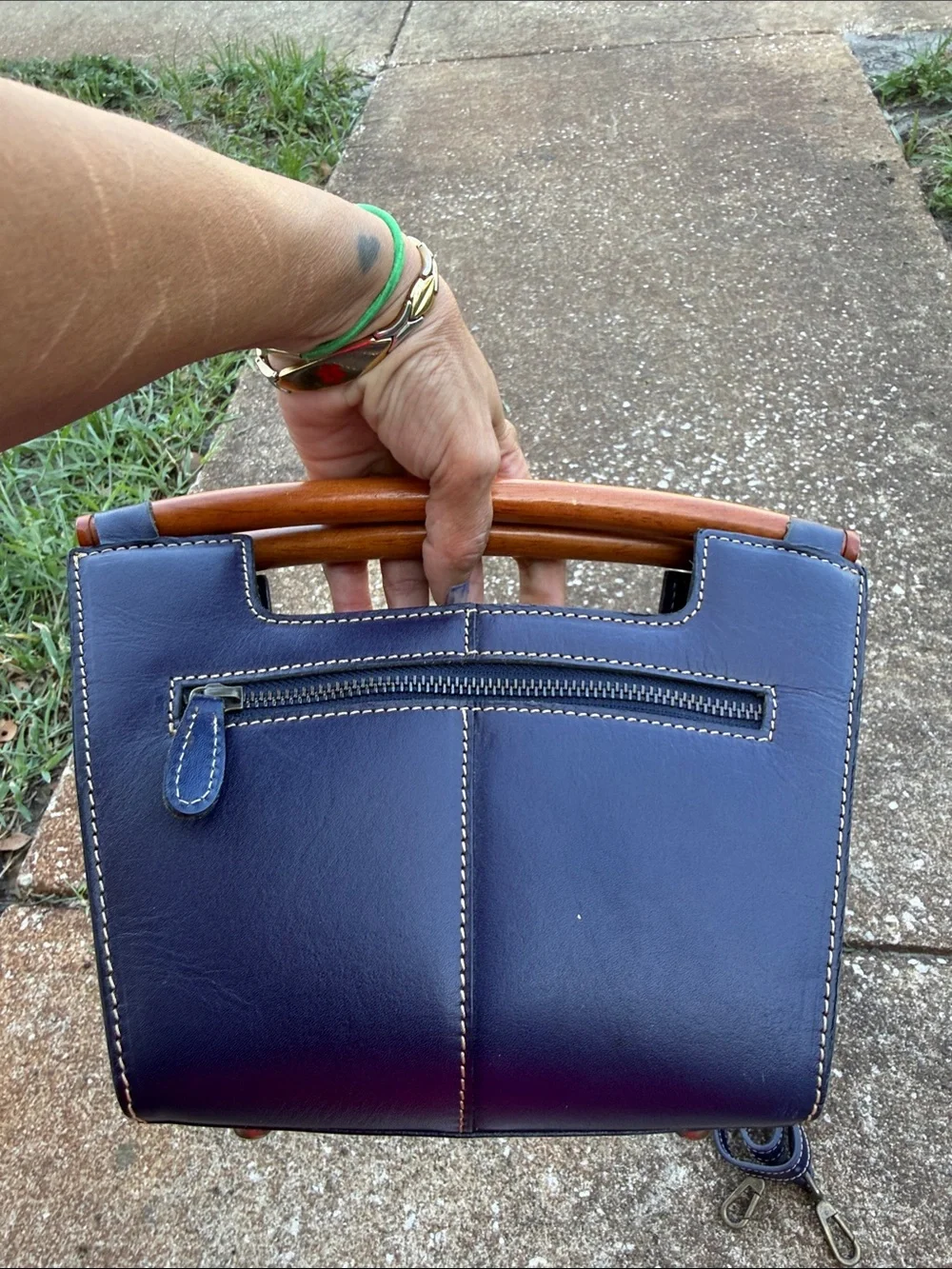 Kayden Plus Navy Leather Top-Handle Crossbody Bag with Wood Accent. NWOT